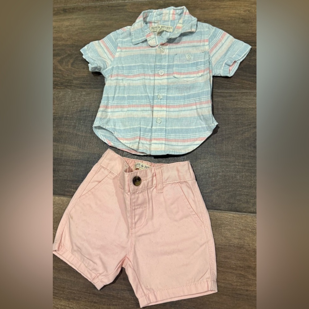 Hope & Henry Striped Button Down Shirt Blue & Pink Shorts Set Sz 6-12m